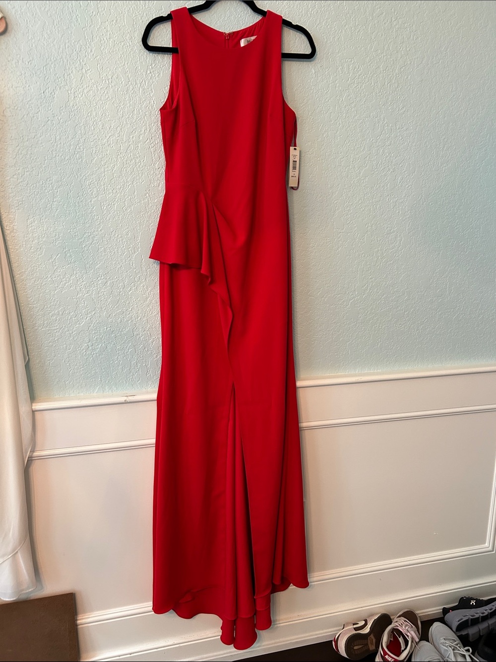 Badgley Mischka Red Sleeveless Evening Gown with Ruffle Detail